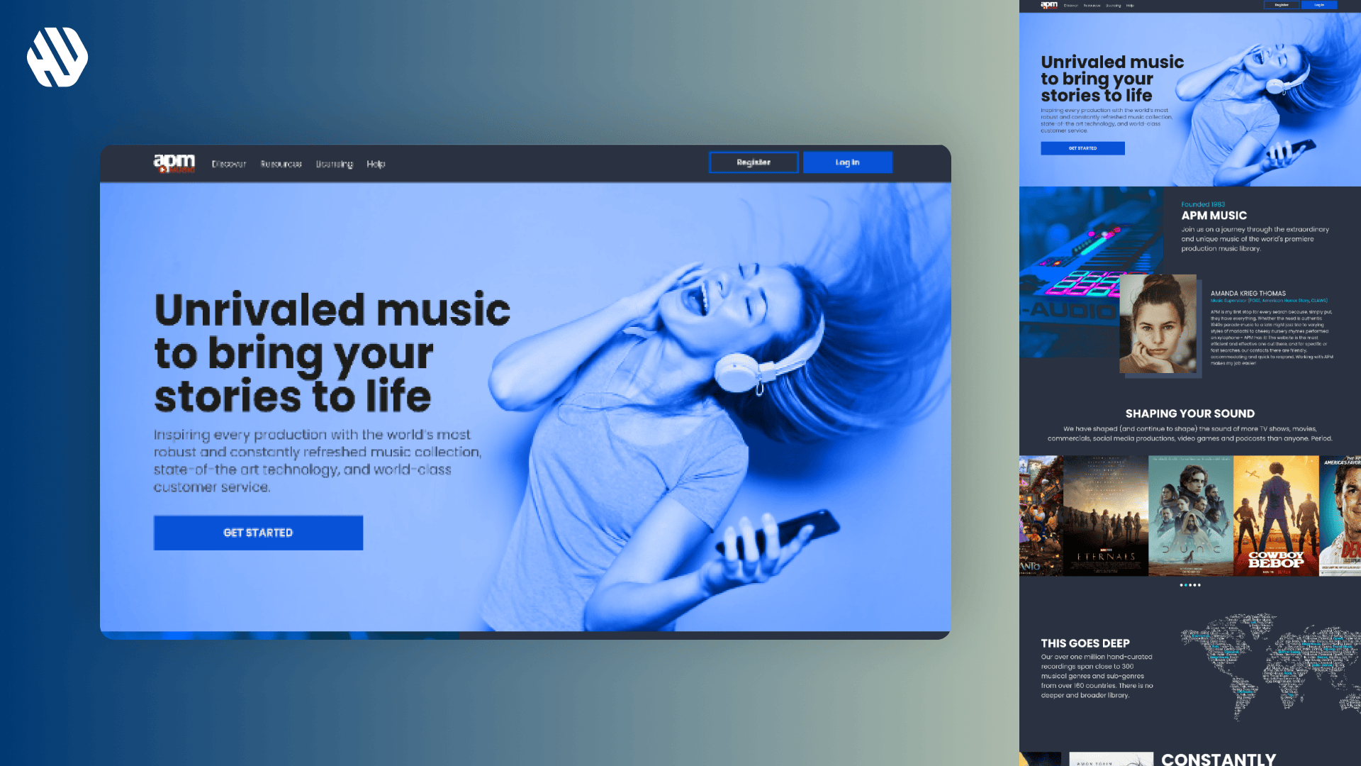 APM Music website homepage with banner featuring a woman enjoying music through headphones.